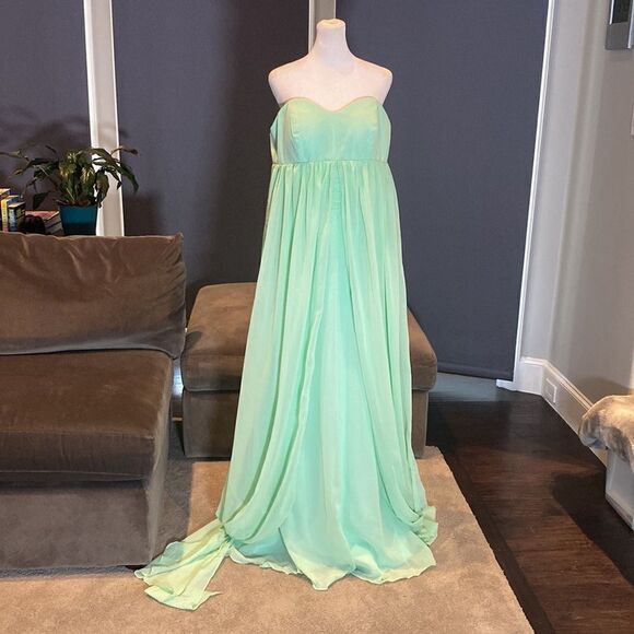 Women’s Full Length Sleeveless Green Chiffon Dress Long Flowing Panels Size 14 - Picture 1 of 12